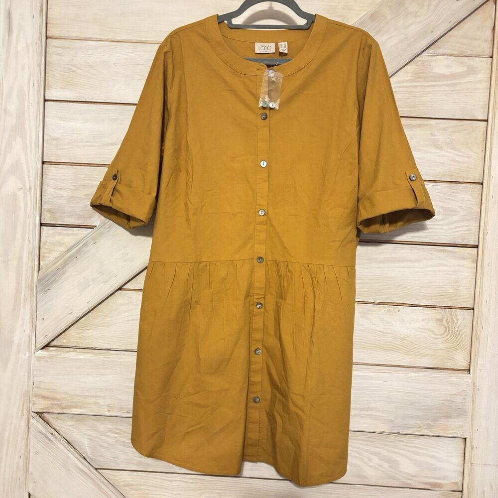 Logo By Lori Goldstein Mustard Yellow Button Up 3/4 Tab Sleeve Top